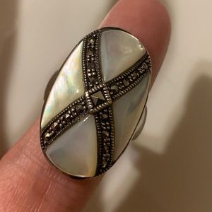 Gorgeous Sterling Silver Mother of Pearl Ring with Marcasite Stones.